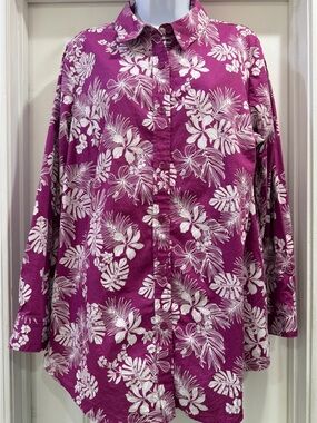 Woman Within Tropical Floral Button Down Long Sleeve Blouse Top 18/20 Large